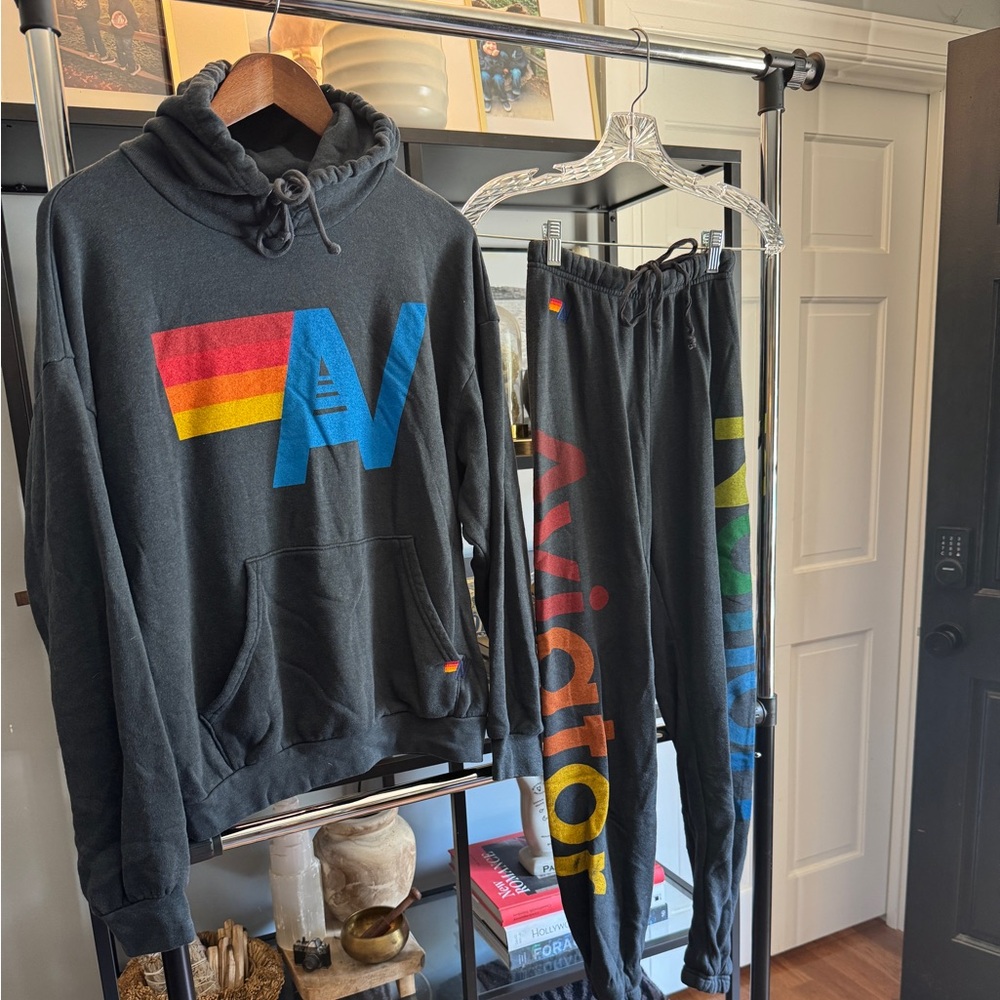 Aviator Nation Black Hoodie and Sweatpants Set with Multicolor Logo